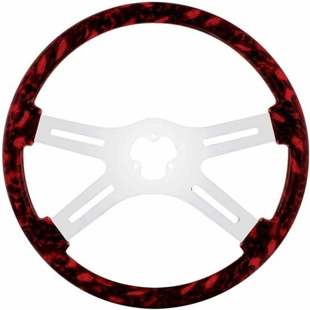 18 Inch Chrome 4 Spoke Slot Cutout Black & Red Skull Wood Steering Wheel For Kenworth  2003-Newer, Excludes T680, T880