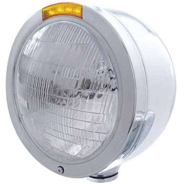 SS Bullet Half Moon Headlight W/ H6014 Halogen Sealed Beam Bulb, 4 Diode Amber LED Turn Signal Light