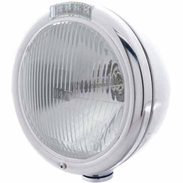 Stainless Classic Headlight W/ H4 Halogen Bulb, 4 Diode Amber/Clear LED Turn Signal Light