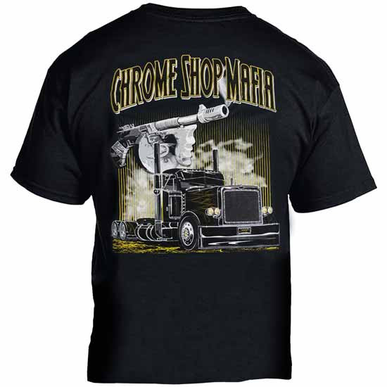 Csm Tommy Gun And Peterbilt Day Cab T-Shirt With Lettering And Flame Color Option