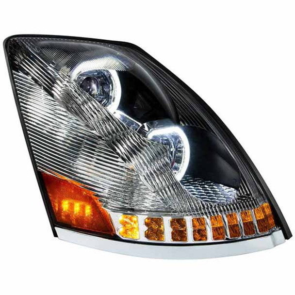 Chrome LED Headlight W/ Amber LED Turn Signal, White Halo Position Lights For Volvo VNL Gen II Passenger Side