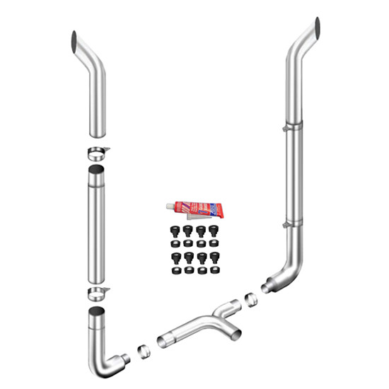 Lc 8 X 118 Chrome Bull Hauler Quiet Stack Kit With 8-5 Ld 90-Deg Elbows, 55 Spools, 5" Chrome Tl Tee, Non-Unibilt With O Cab Brackets For Peterbilt 378, 379, 389 Glider