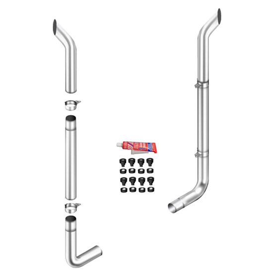 Lc 8 X 118 Chrome Bull Hauler Quiet Stack Kit With 8-8 Ld 90-Deg Elbows, 55 Spools, Without Tee, Non-Unibilt With O Cab Brackets For Peterbilt 378, 379, 389 Glider