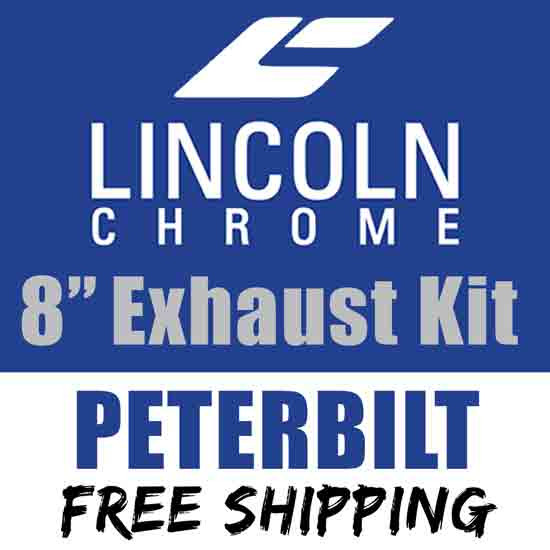 Lincoln Chrome 8 Inch Exhaust Kit W/ Long Drop Elbows, Unibilt With 2 Cab Brackets Fits Peterbilt 379, 378 And 389 Glider