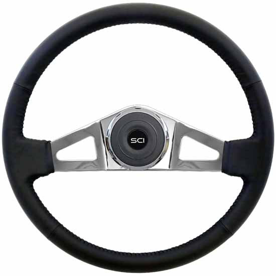 18 Inch Chrome 2 Spoke Black Leather Rim Steering Wheel Kit With Black Logo Horn Button