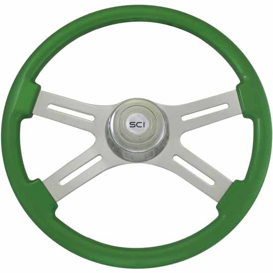 18 Inch Chrome 4 Spoke Green Painted Wood Classic Steering Wheel Kit With Chrome Bezel And Horn