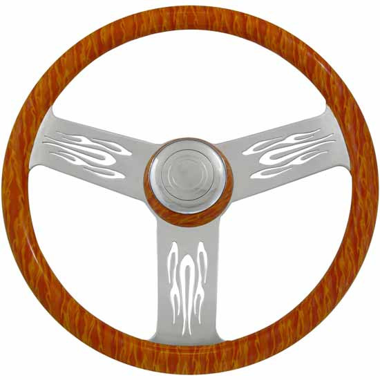 18 Inch Chrome 3 Spoke Flame Printed Wood Steering Wheel Kit With Matching Bezel And Flame Cutouts