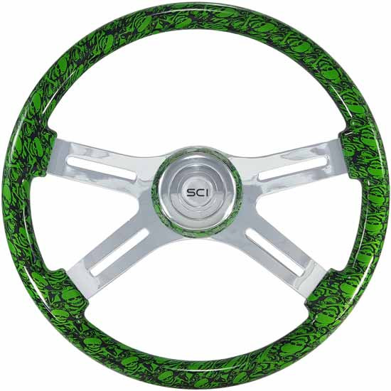 18 Inch Chrome 4 Spoke Green Skull Printed Wood Steering Wheel Kit With Matching Bezel