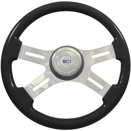 16 Inch Chrome 4 Spoke Black Painted Wood Steering Wheel Kit With Chrome Horn Button