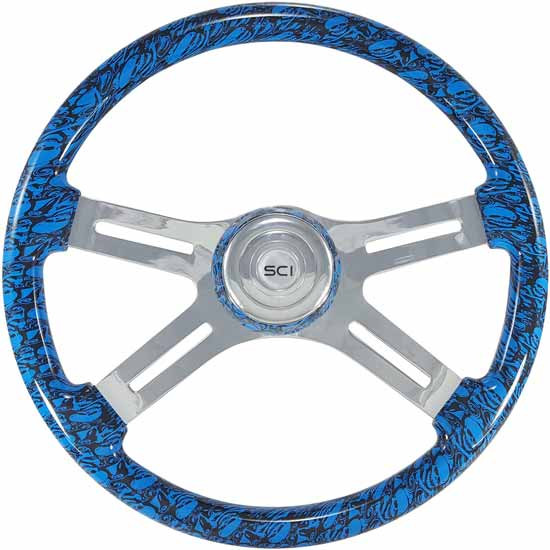 18 Inch Chrome 4 Spoke Blue Skull Printed Wood Steering Wheel Kit With Matching Bezel