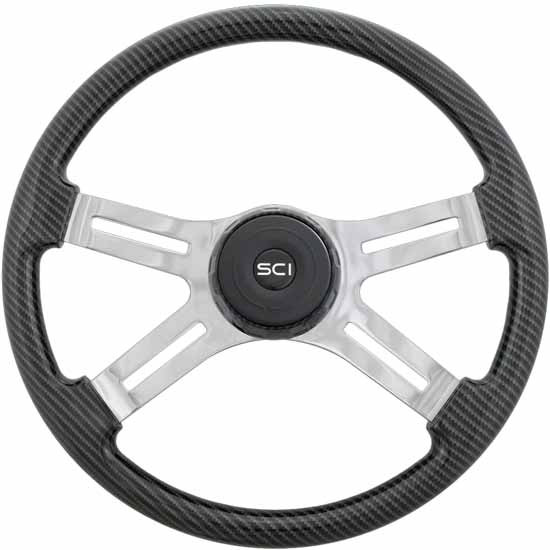 18 Inch Chrome 4 Spoke Dark Weave Printed Wood Steering Wheel Kit With Matching Bezel