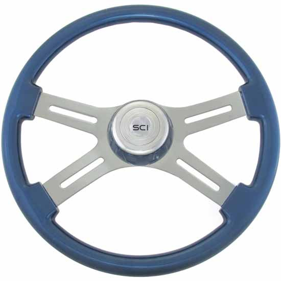 18 Inch Chrome 4 Spoke Blue Painted Wood Steering Wheel Kit With Matching Bezel