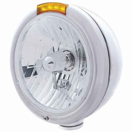 Stainless Steel Classic Headlight With Upper Led Turn Signal - Amber Or Clear Lens
