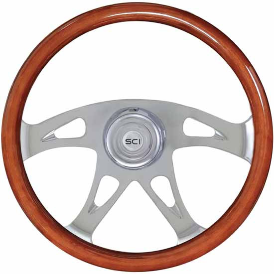 18 Inch Chrome 4 Spoke Wood Rim Ace Steering Wheel With Chrome Bezel And Horn Button