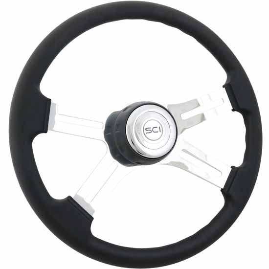 16 Inch 4 Spoke Classic Black Poly Steering Wheel With Textured Black Bezel, Chrome Horn Button