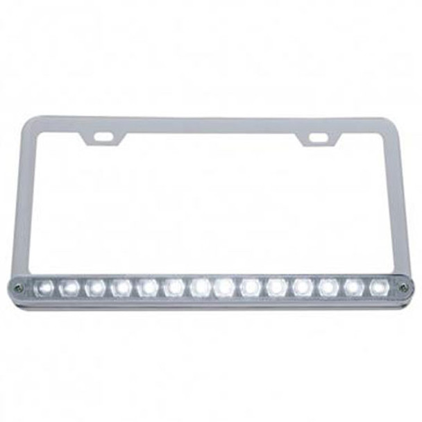 Chrome License Plate Frame W/14 LED 12 Inch Light Bar - White LED/ Clear Lens