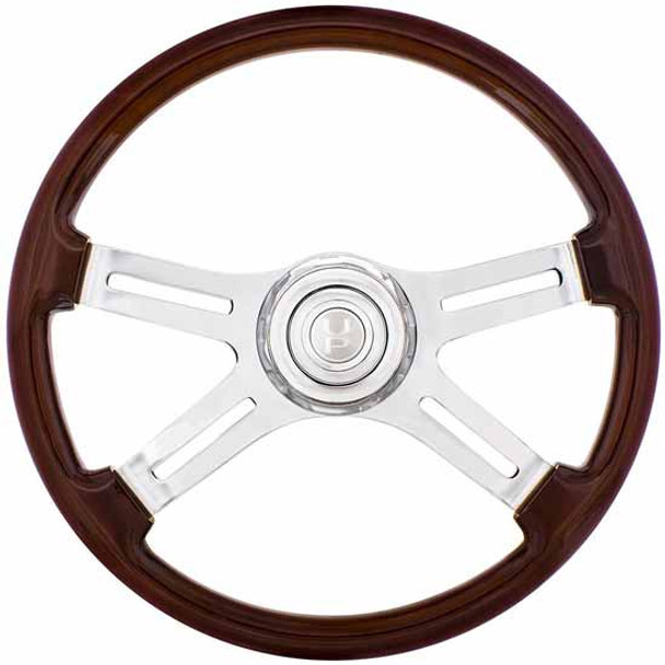 18 Inch 4 SPOKE Chrome STEERING WHEEL W/ HORN BEZEL AND HORN BUTTON For All Commercial 3 Bolt Hubs