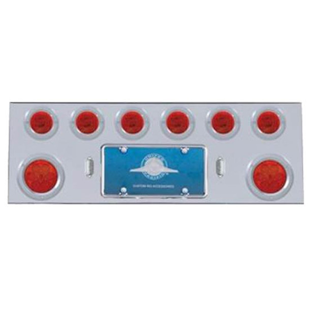 34 Inch Stainless Steel Rear Center Panel W/ License Frame, Two 4 Inch 7 LED Reflector Lights, Six 2 1/2 Inch 13 LED Flat Style Lights & Bezels - Red LED/ Red Lens