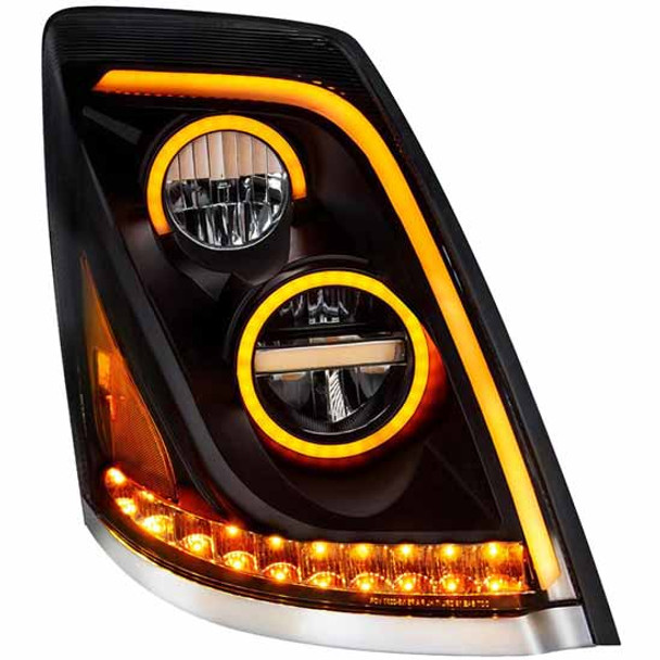 Black LED Headlight Assembly, Passenger Side W/ Dual Color DRL & Position Light Bar - Amber/ White LED For Volvo VNL Gen II