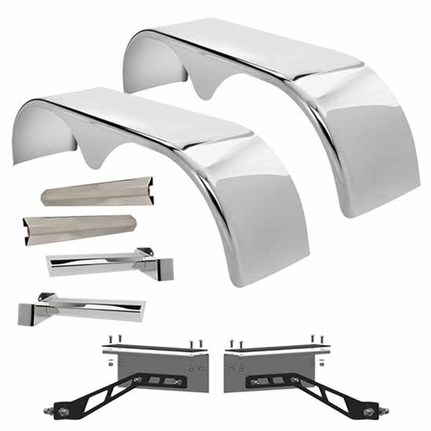 Hogebuilt 105 Inch 304 Stainless Steel Teardrop Full Fender Kit For Peterbilt W/ Air Trac Suspension & 24.5 Inch Tires