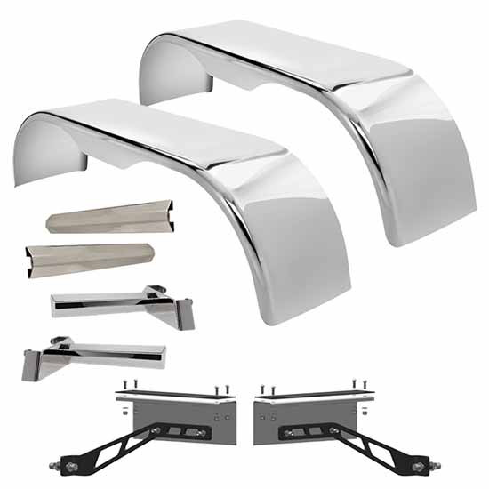 Hogebuilt 105 Inch 304 Stainless Steel Flanged Full Fender Kit For Peterbilt W/ Low Air Leaf Suspension