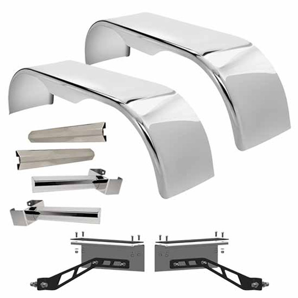 Hogebuilt 105 Inch 304 Stainless Steel Flanged Full Fender Kit For Peterbilt 2004 Thru Older W/ Low Air Leaf Suspension
