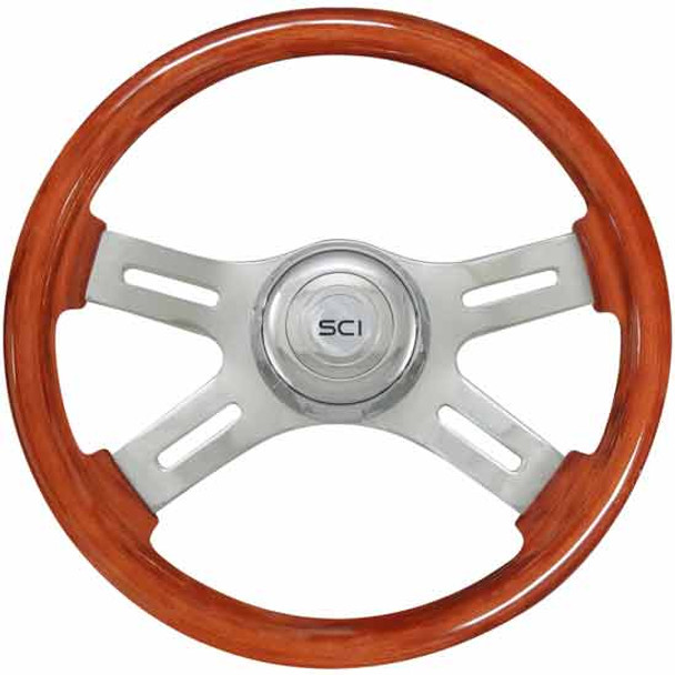 16 Inch Chrome 4 Spoke Mahogany Wood Steering Wheel With Chrome Bezel & Horn
