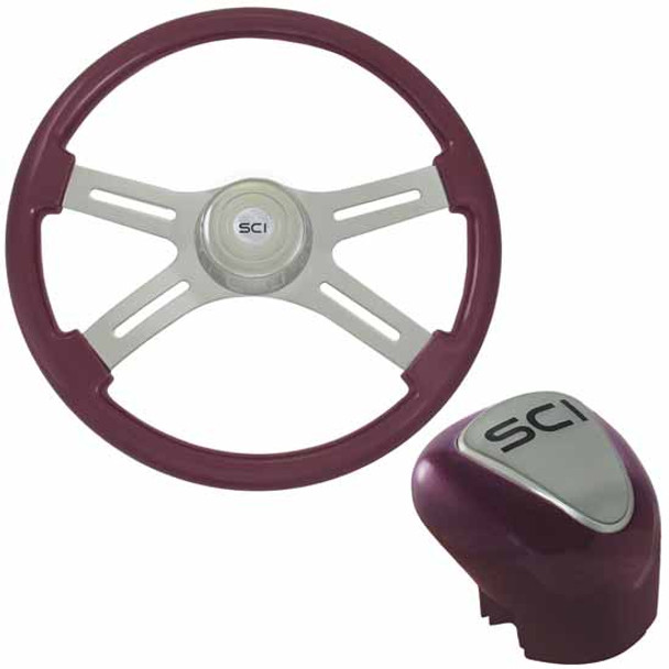 18 Inch Chrome 4 Spoke Purple Steering Wheel & Shift Knob Kit