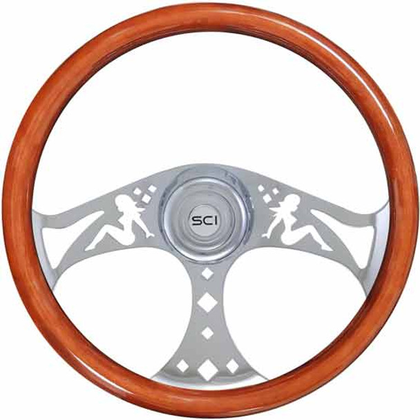 18 Inch Chrome 3 Spoke Mud Flap Girl Wood Steering Wheel