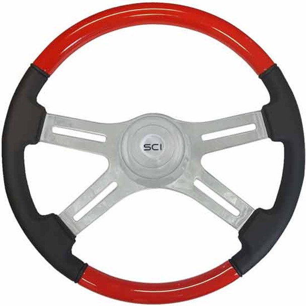 18 Inch Chrome 4 Spoke Viper Red & Leather Combo Classic Steering Wheel With Chrome Bezel & Horn