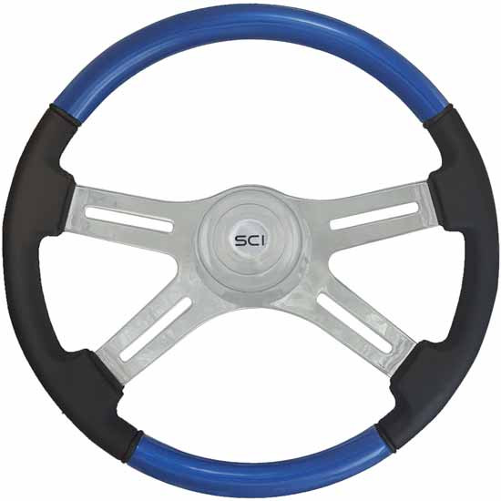 18 Inch Chrome 4 Spoke Blue & Leather Grip Combo Classic Steering Wheel With Chrome Bezel & Horn