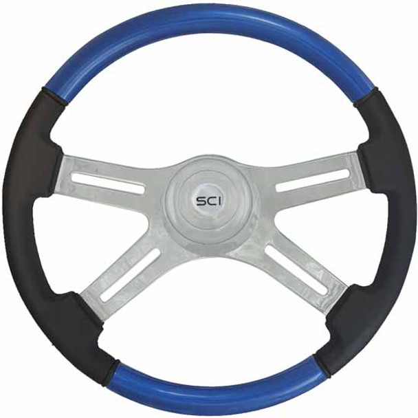 18 Inch Chrome 4 Spoke Blue & Leather Grip Combo Classic Steering Wheel With Chrome Bezel & Horn