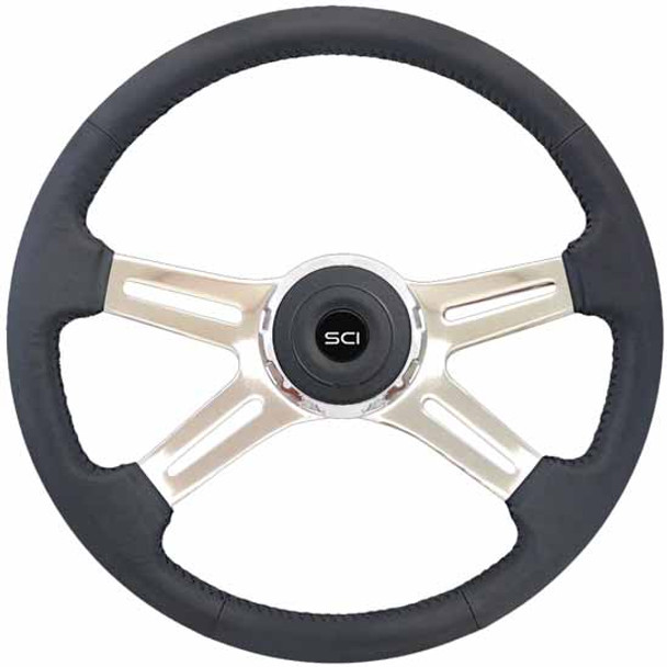 18 Inch Chrome 4 Spoke Black Top Grain Leather Statesman Steering Wheel With Chrome Bezel