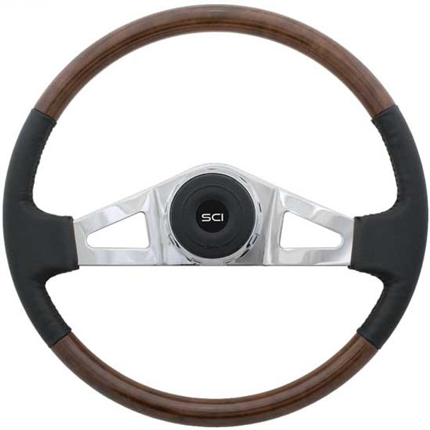 18 Inch Chrome 2 Spoke Black Top Grain Leather & Burlwood Royal Steering Wheel
