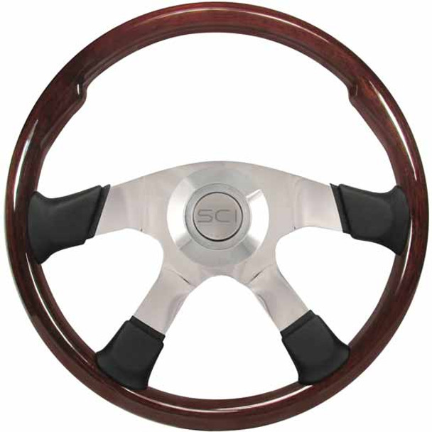 18 Inch Aluminum 4 Spoke Mahogany Steering Wheel With Black Leather Spats