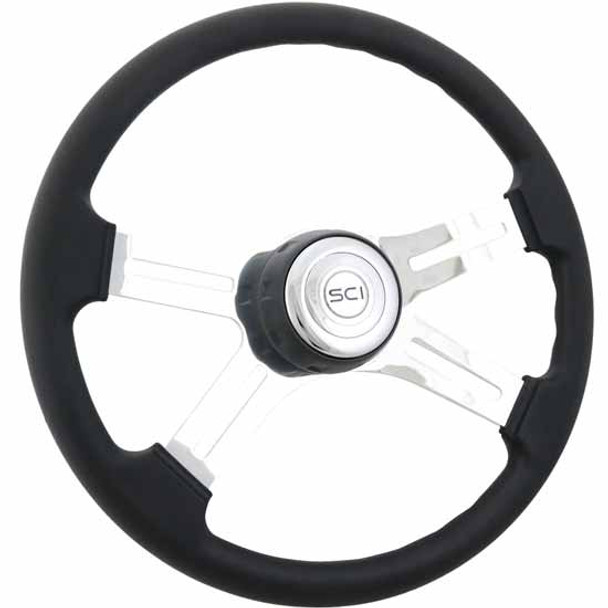 16 Inch 4 Chrome Spoke Classic Black Poly Steering Wheel W/ Textured Black Bezel, Chrome Horn Button