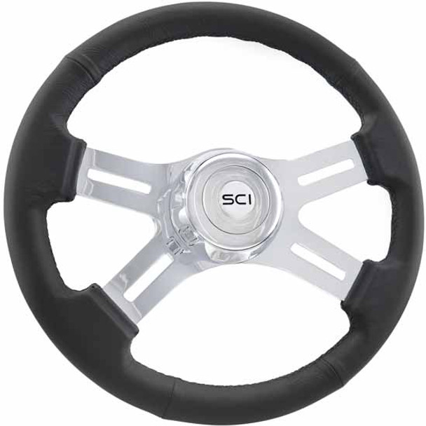 16 Inch 4 Chrome Spoke Classic Black Leather Steering Wheel W/ Chrome Bezel, SCI Chrome Horn Button