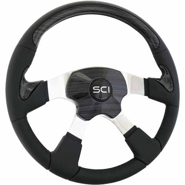 18 Inch 4 Spoke Black Leather Traveler Steering Wheel Kit W/ Black Wood Look Inserts, Horn Pad