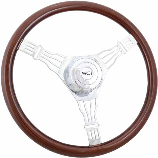 18 Inch Voltage Steering Wheel W/ Mahogany Rim, 3 Wire Shaped Spokes , Chrome Bezel & SCI Horn Button For 3 Hole Hub