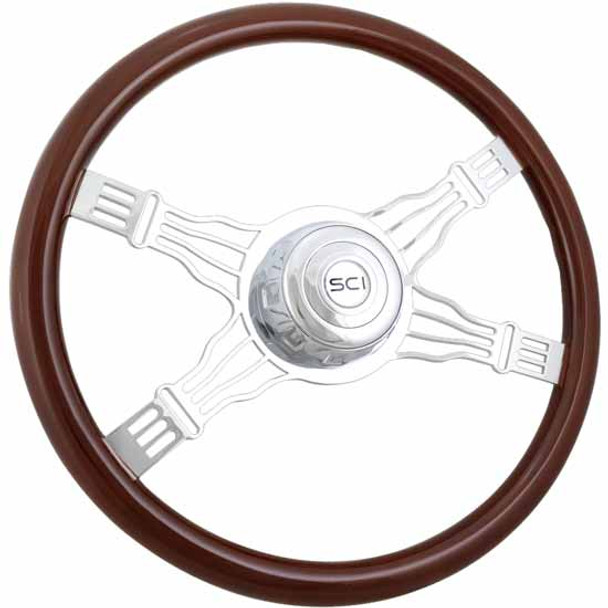 18 Inch Voltage Steering Wheel W/ Mahogany Rim, 4 Wire Shaped Spokes , Chrome Bezel & SCI Horn Button For 3 Hole Hub