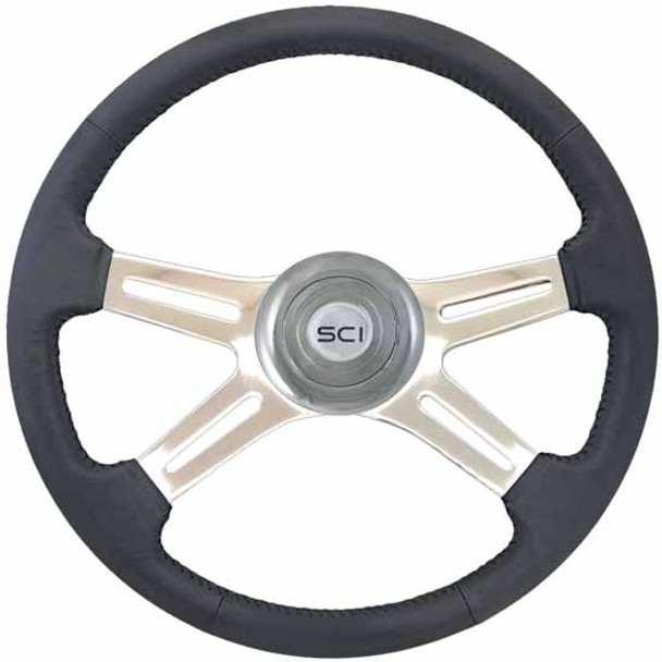 18 Inch Black Leather Statesman Steering Wheel W/ 4 Spokes & SCI Chrome Horn Button