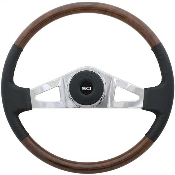 18 Inch Chrome 2 Spoke Burlwood & Black Top Grain Leather Combo Royal Steering Wheel Kit  For Kenworth