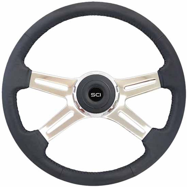 18 Inch Chrome 4 Spoke Black Top Grain Leather Statesman Steering Wheel Kit For Freightliner
