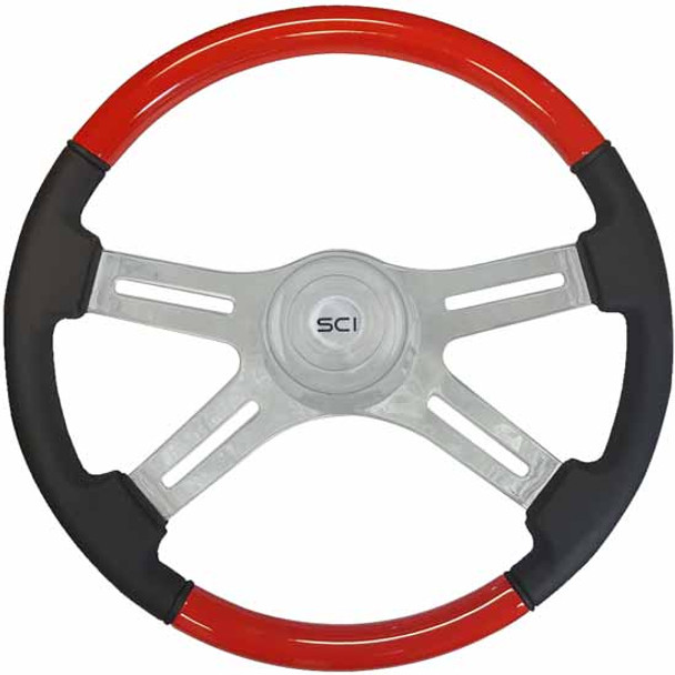 18 Inch Chrome 4 Spoke Viper Red & Leather Classic Combo Steering Wheel Kit For Mack W/ 1 inch Shaft