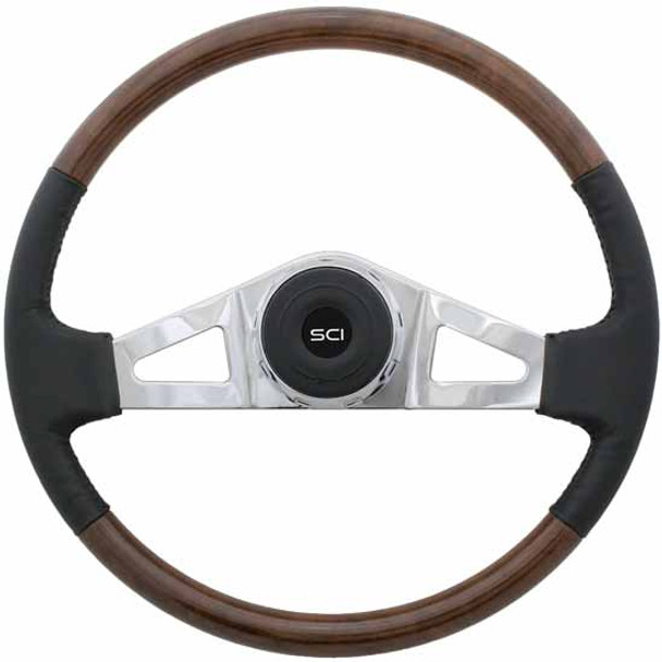 18 Inch Chrome 2 Spoke Black Top Grain Leather & Burlwood Royal Steering Wheel Kit For Mack W/ 1 inch Shaft