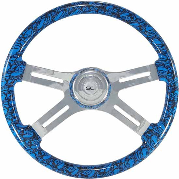 18 Inch Chrome 4 Spoke Blue Skull Printed Wood Steering Wheel Kit For Mack W/ 1 inch Shaft