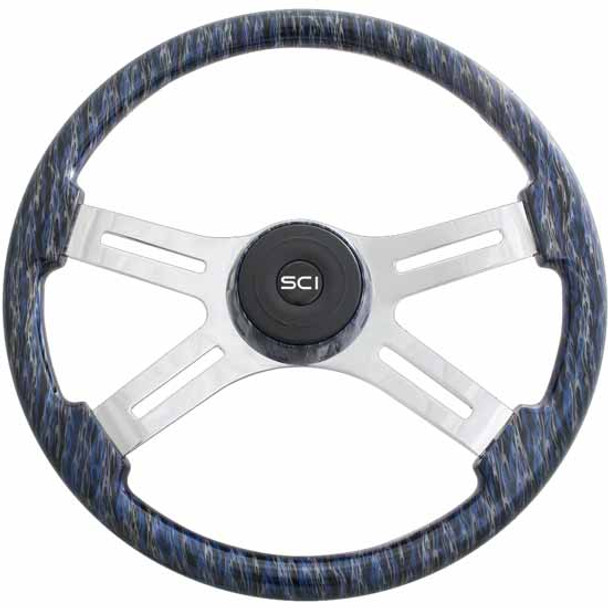 18 Inch Chrome 4 Spoke Blue Wildfire Printed Wood Steering Wheel Kit For Freightliner 1976-1988