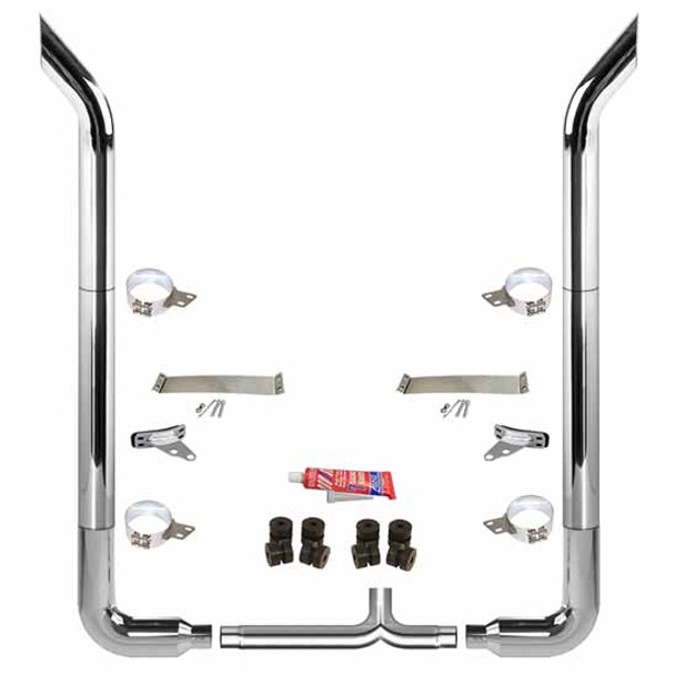 BESTfit 8 To 5 X 114 Inch Chrome Exhaust Kit With Bull Hauler Stacks, Long 90s, Quiet Spool, Unibilt, & Tapered Y-Pipe  For Peterbilt 378, 379, 389