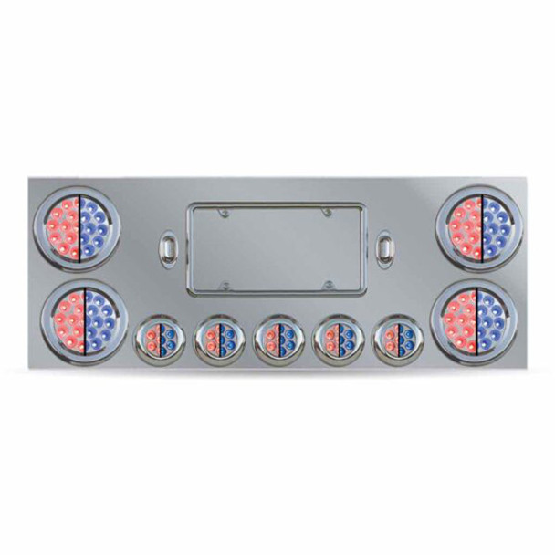 Stainless Steel Dual Revolution Rear Center Panel W/ 4 Rnd 4 Inch & 5 Rnd 2.5 Inch Red To Blue LEDs Stainless Steel Dual Revolution Rear Center Panel W/ 4 Rnd 4 Inch & 5 Rnd 2.5 Inch Red To Blue LEDs