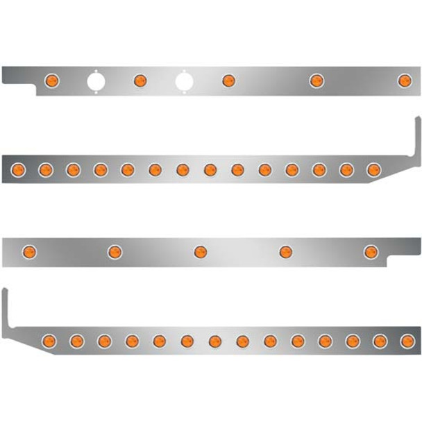 SS Cab/Sleeper Panel Kit W/ Extenders, 2 Plug Cutouts & 3/4 Inch Round LED Lights - Amber LED/ Amber Lens For Peterbilt 567, 579 SBA W/ Cab Mount Exhaust & 80 Inch Sleeper